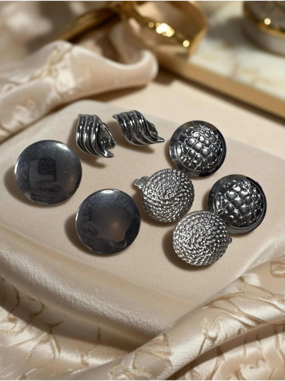 Vintage Clip On Earrings Lot 4 Pairs Silver Tone Gunmetal Dome Swirl Textured 80